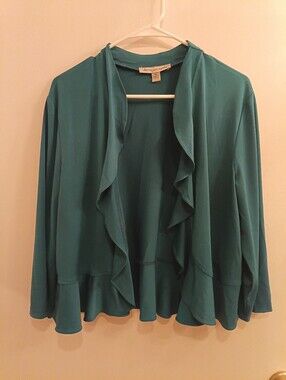 Teal Shrug Dress jacket Cascade Ruffle Open Front Sz 14 Women's